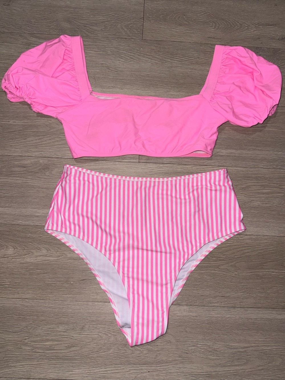 Women Pink Puff-Sleeve Two-Piece Swim Set